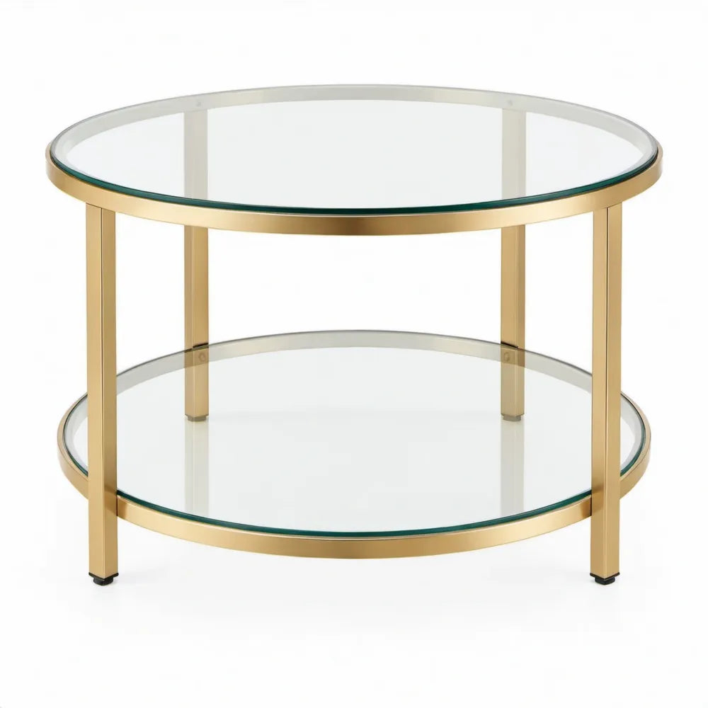 Ronde bijzettafel met 2 glazen plateaus, 50 x 50 x 55 cm, goudkleurig staal en helder gehard glas