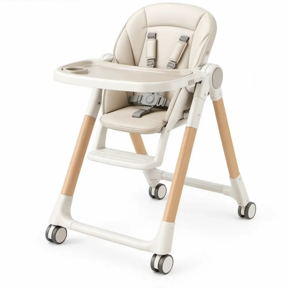 Meegroeiende kinderstoel met wielen, afneembaar eetblad en voetsteun – Crème/Wit/Naturel/Grijs – 60 x 75 x 103 cm