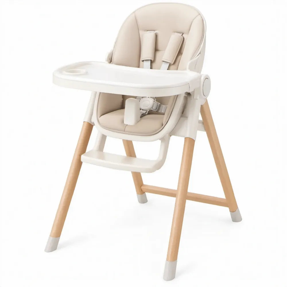 Verstelbare kinderstoel met eetblad en voetensteun, beige/wit/naturel, 55 x 65 x 100 cm
