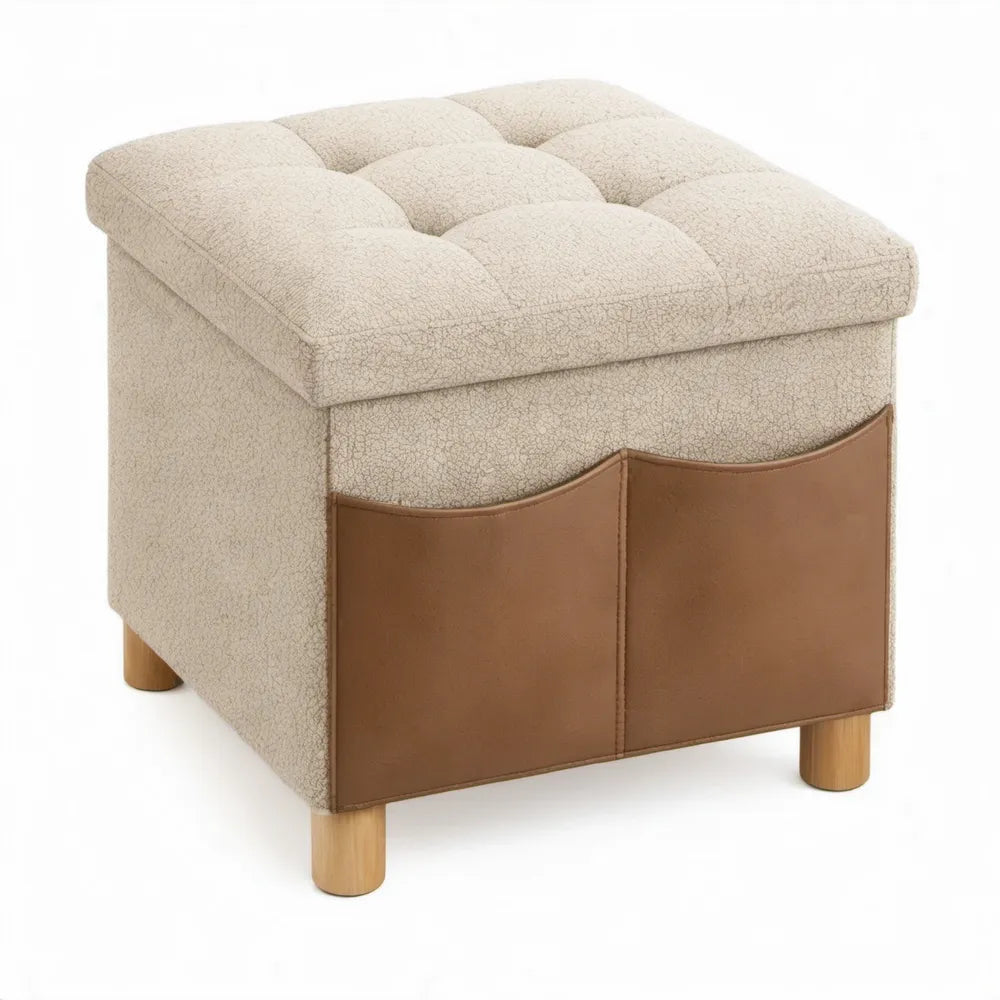 Vierkante gevoerde voetenbank 40 x 40 x 45 cm van bouclé en PU-kunstleer in beige en bruin