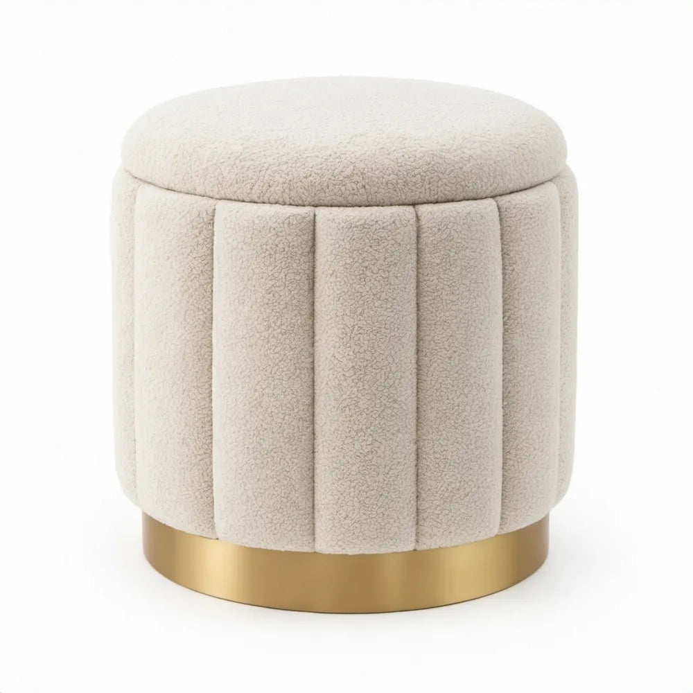 Ronde voetenbank Ø 40 x H 45 cm in crème bouclé met goudkleurige roestvrijstalen voet