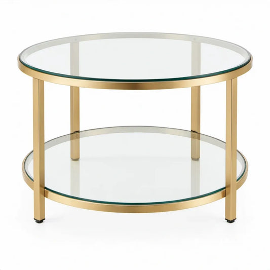 Ronde bijzettafel met 2 glazen plateaus, 50 x 50 x 55 cm, goudkleurig staal en helder gehard glas