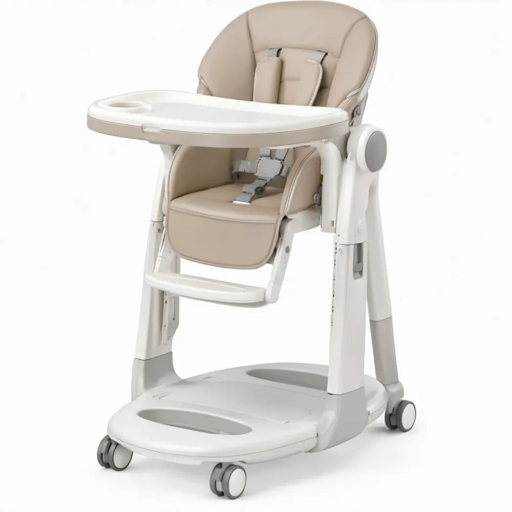 Verstelbare kinderstoel met wielen en afneembaar eetblad, beige/wit, 80 x 58 x 105 cm