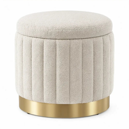 Ronde bouclé poef Ø 40 x 45 cm crème met goudkleurige roestvrijstalen voet