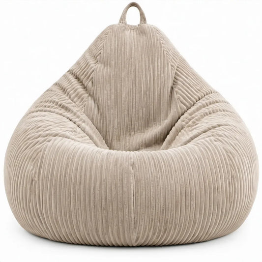 Peervormige zitzak van ribfluweel met EPS-korrelvulling, beige, 90 x 90 x 100 cm