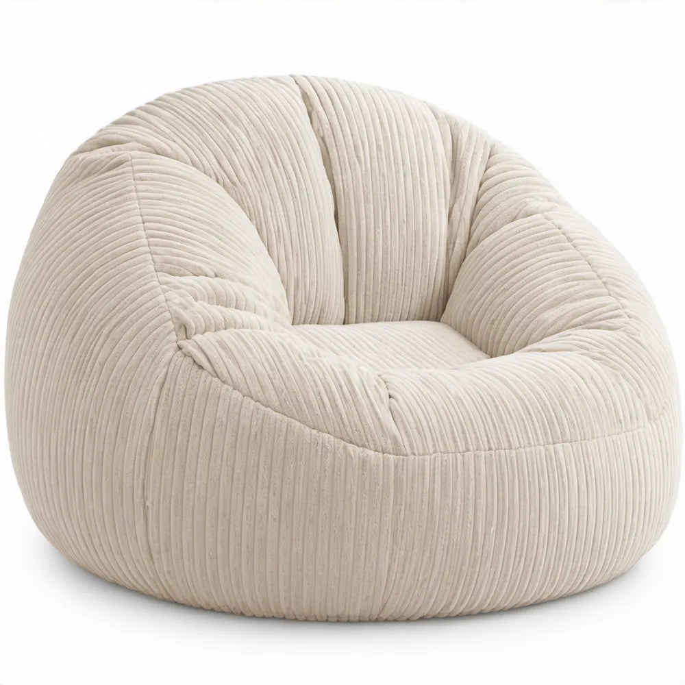 Crèmekleurige geribde polyester zitzakstoel 90 x 90 x 70 cm