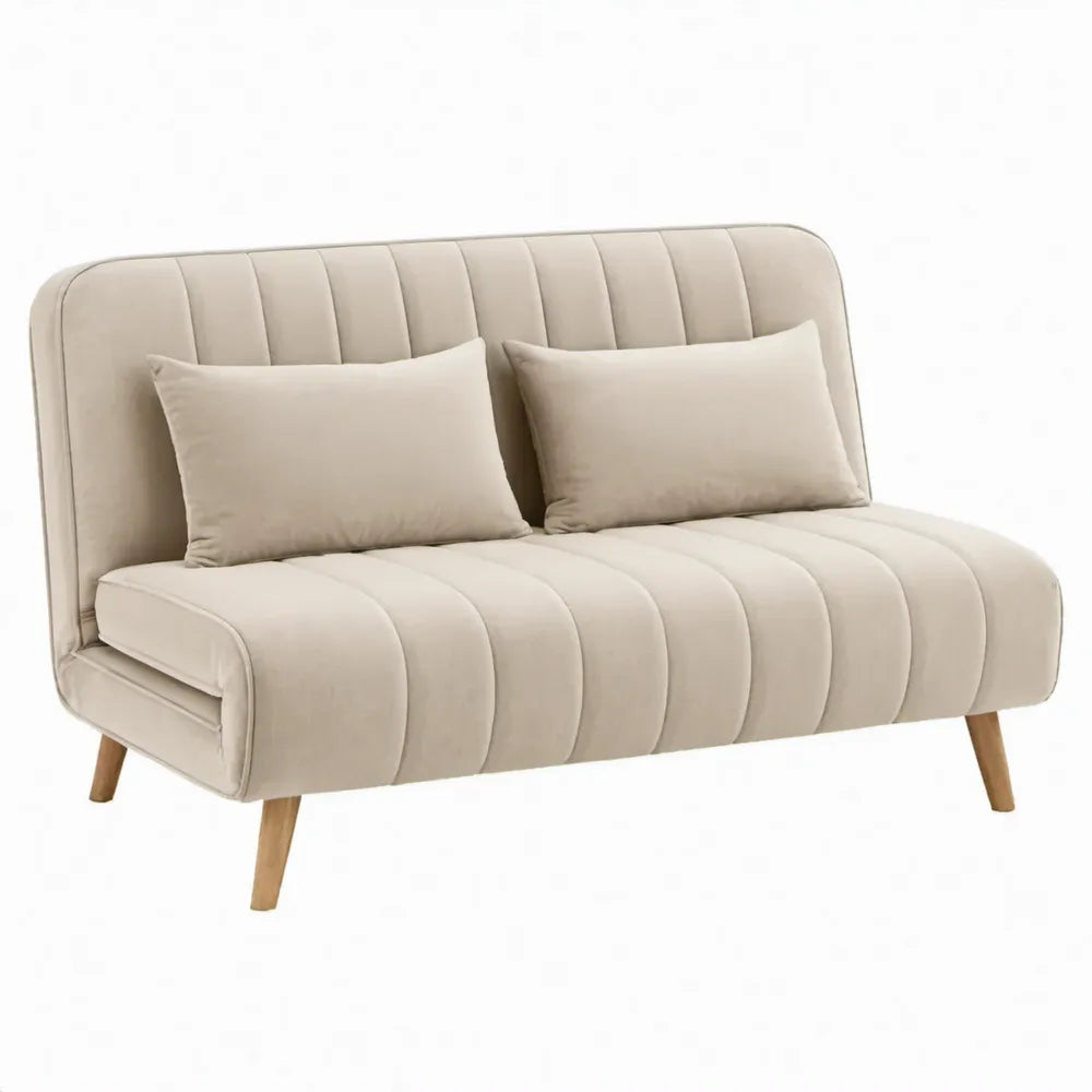 2-zitsbank crème met bruine poten, 140 x 78 x 82 cm, fluwelen bekleding