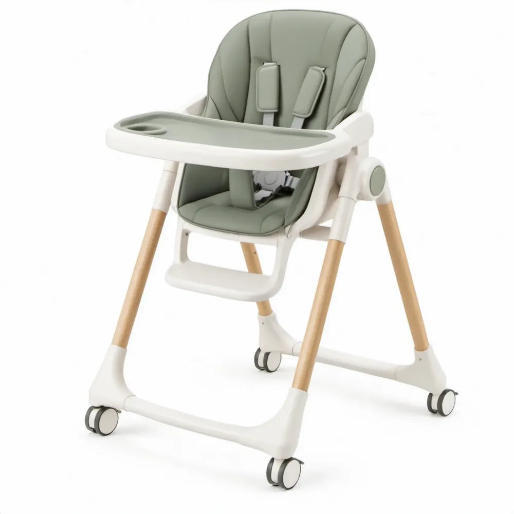 Kinderstoel met eetblad, wieltjes en 5-puntsgordel 58 x 75 x 100 cm Groen/Wit/Naturel