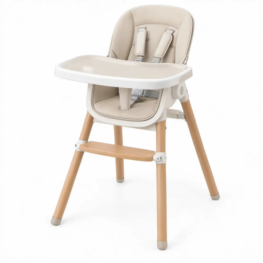 Kinderstoel met afneembaar eetblad en 5-puntsgordel, beige/naturel, 58 x 58 x 92 cm