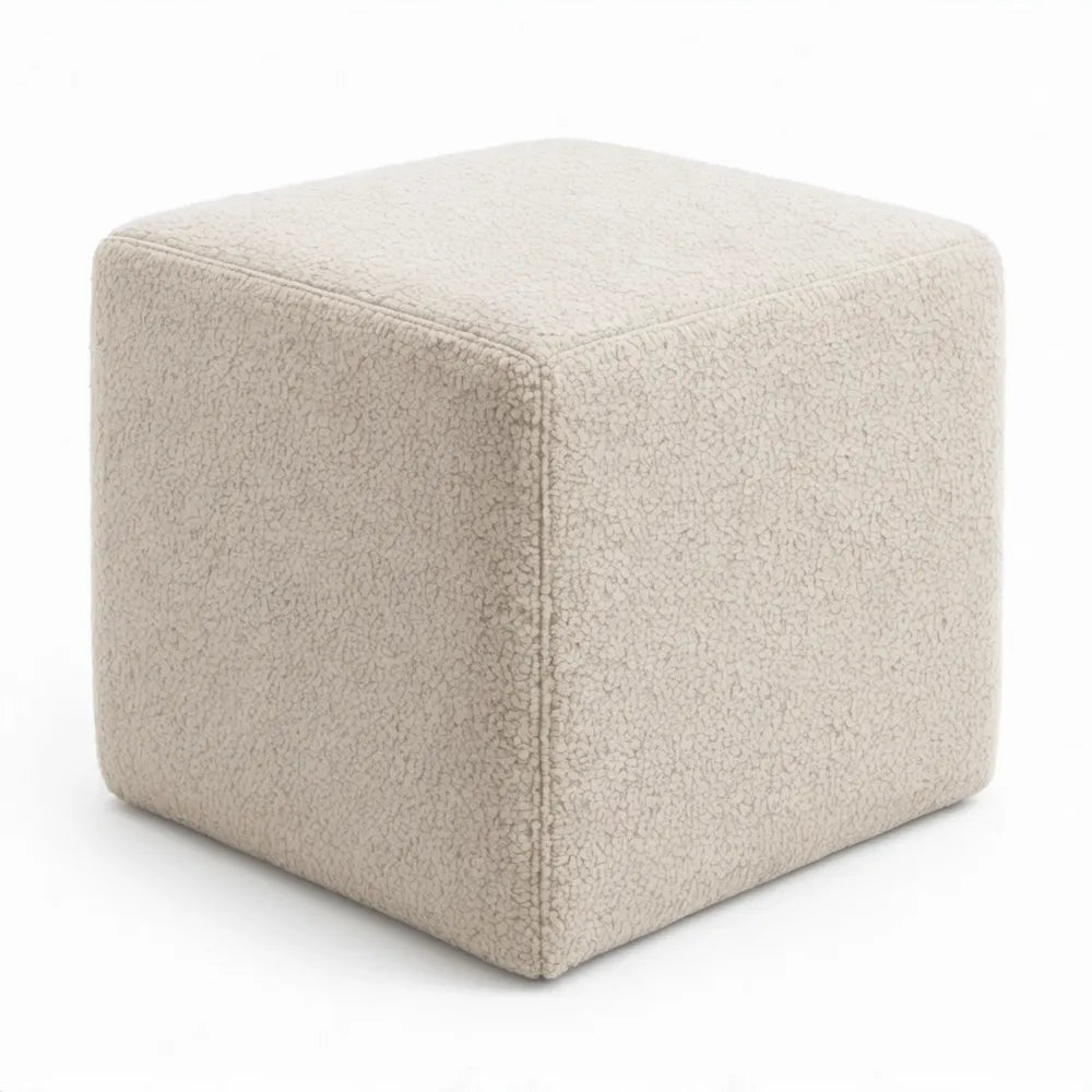 Vierkante voetenbank van bouclé polyester, 40 x 40 x 40 cm, crème
