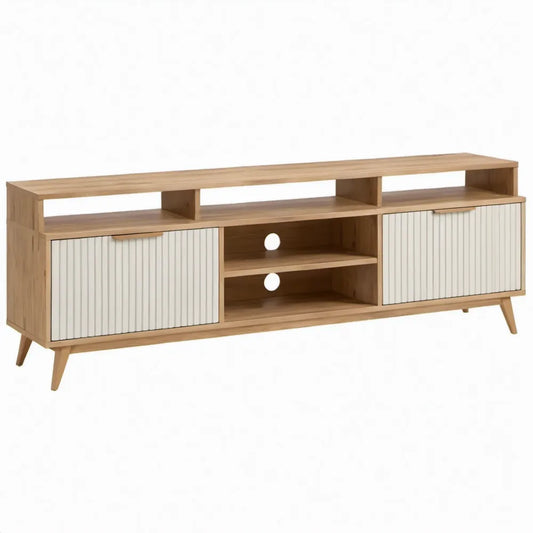 TV-meubel met schuifdeuren en open vakken, 180 x 40 x 65 cm, naturel eikenkleurig/wit
