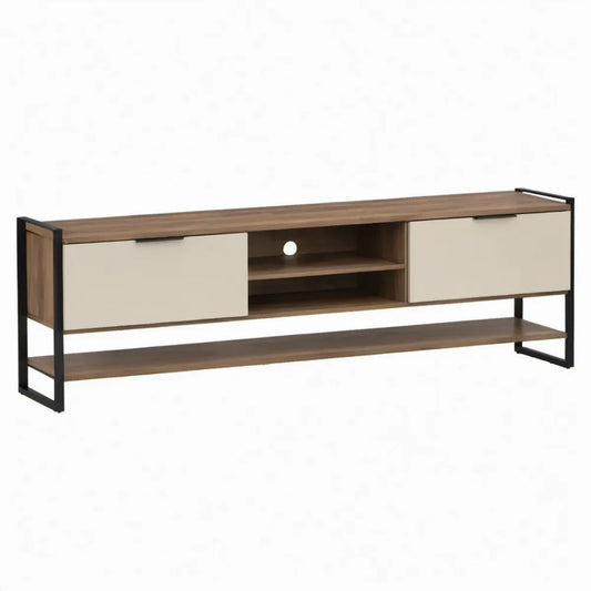 TV-meubel 160 x 40 x 55 cm met 2 klepdeuren, open vakken en kabeldoorvoer - Walnootbruin/Beige/Zwart