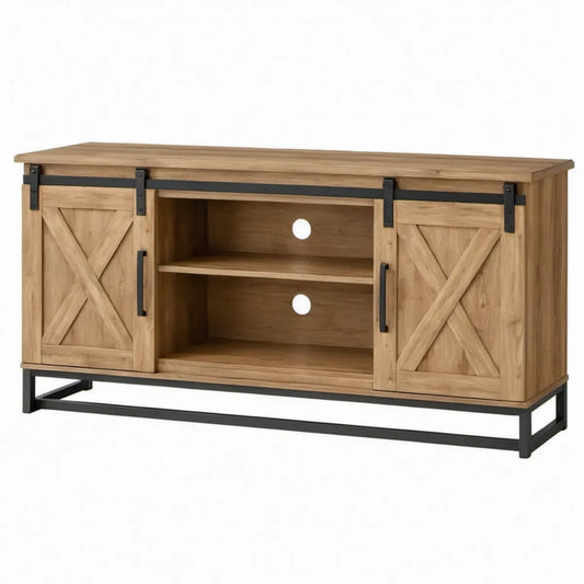 TV-meubel met schuifdeuren van acaciahout en staal, 160 x 40 x 75 cm, Naturel/Zwart