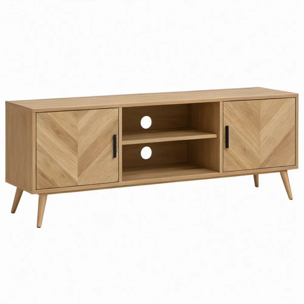 Eikenkleurig meubel met 2 deuren, open vakken en kabeldoorvoeren – 160 x 40 x 60 cm