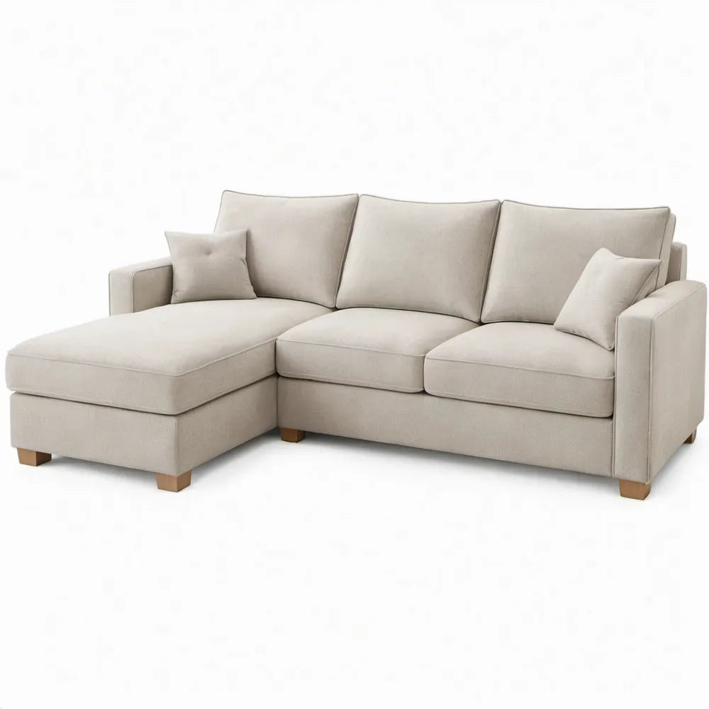 Beige 3-zits hoekbank met chaise longue links, 250 x 160 x 85 cm, polyester