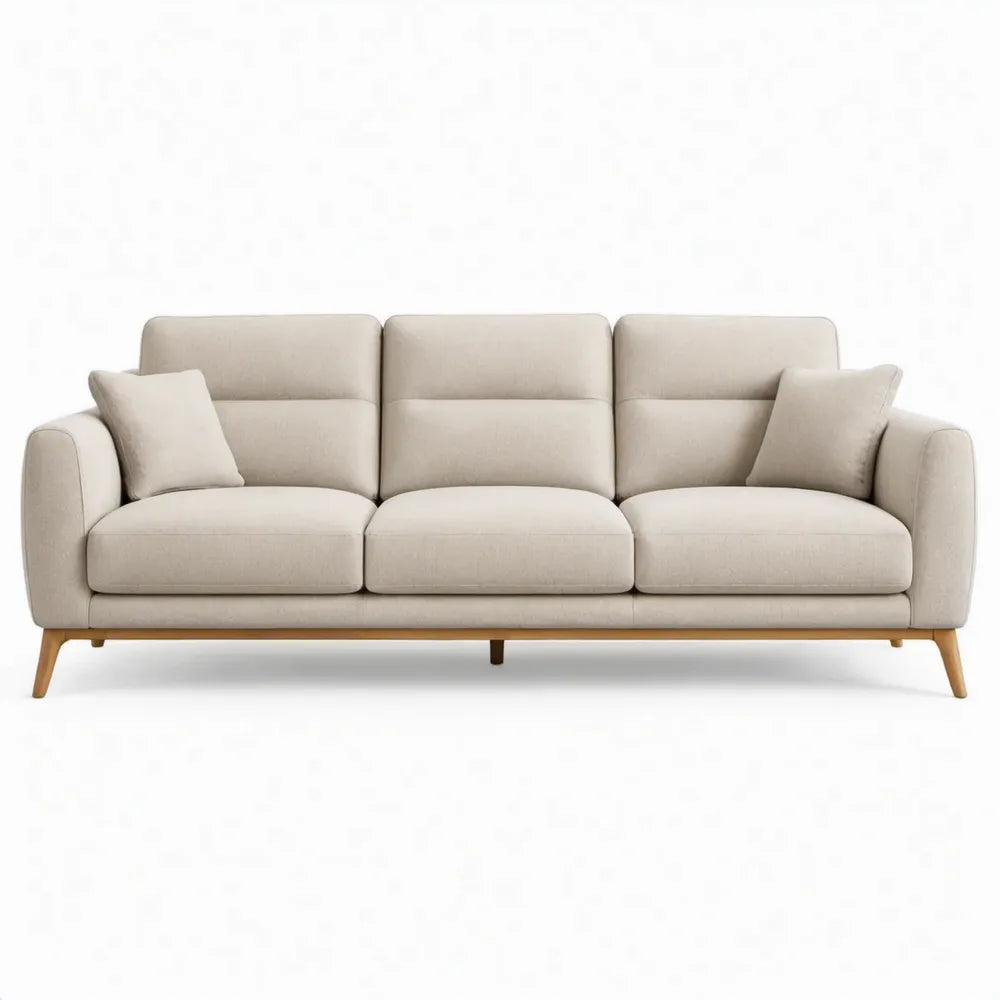 Driezitsbank 210 x 88 x 85 cm crème met naturelbruine poten van polyester en massief rubberhout
