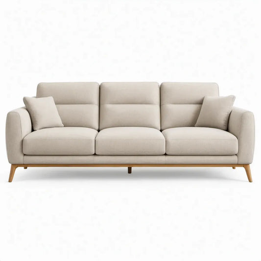 Driezitsbank 210 x 88 x 85 cm crème met naturelbruine poten van polyester en massief rubberhout