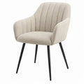Beige bouclé eetkamerstoel met armleuningen en zwarte metalen poten, 60 x 64 x 85 cm