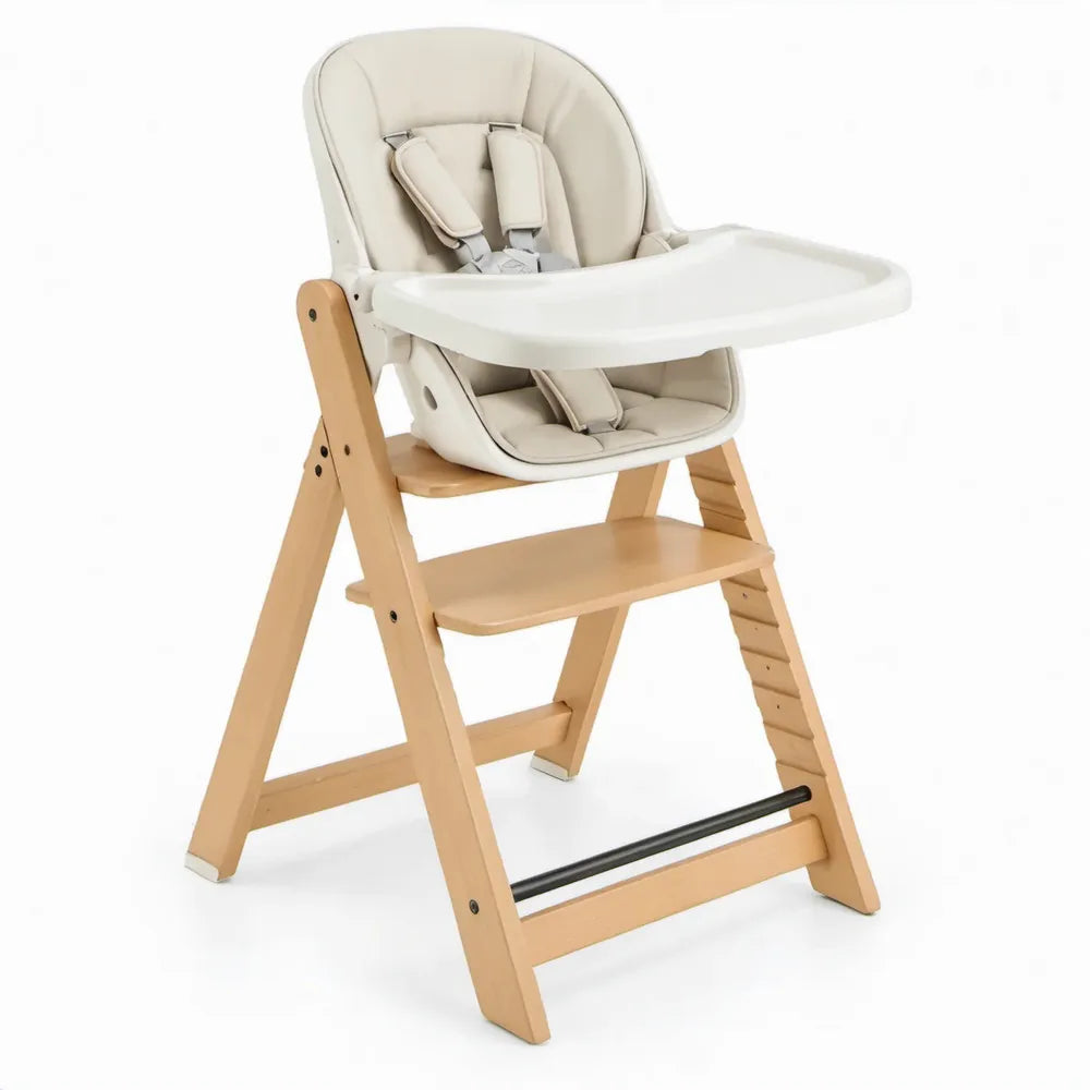 Kinderstoel van massief beukenhout met verstelbare zitting, voetensteun en eetblad – Naturel/Wit – 56 x 60 x 90 cm