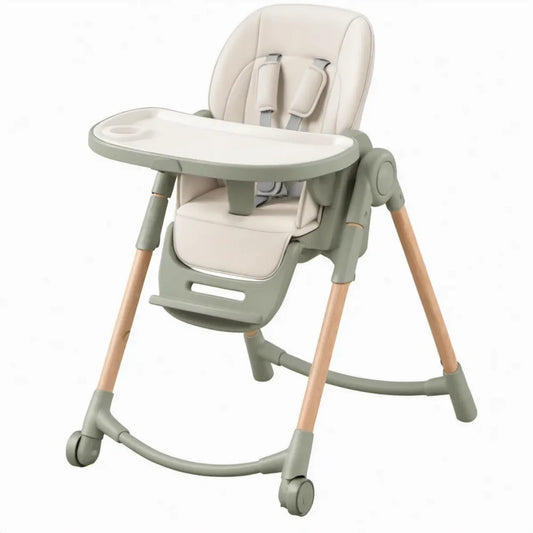 Kinderstoel met afneembaar eetblad en wielen, 80 x 60 x 100 cm, saliegroen, beige en naturel