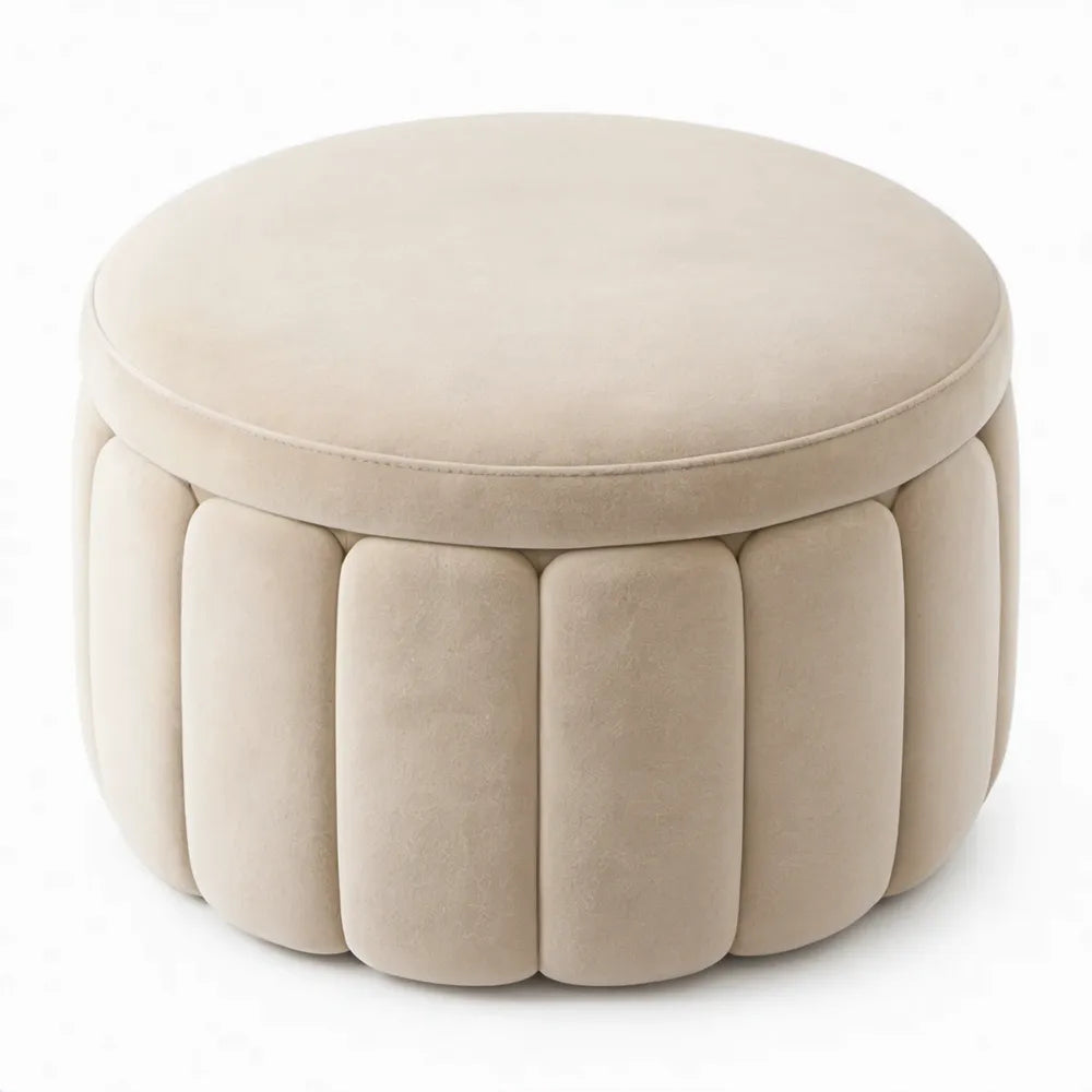 Ronde crèmekleurige fluwelen poef Ø60 x H40 cm