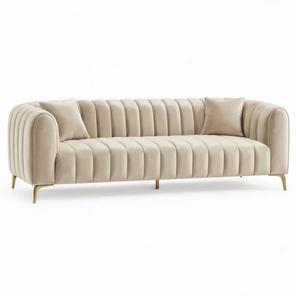 Gebogen 3-zitsbank van crème polyesterfluweel met goudkleurige stalen poten, 220 x 90 x 78 cm