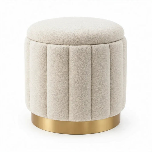 Ronde voetenbank Ø 40 x H 45 cm in crème bouclé met goudkleurige roestvrijstalen voet