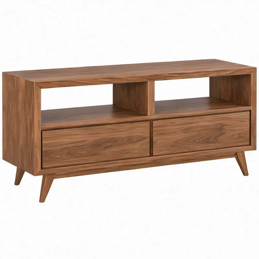 Tv-meubel van massief walnotenhout met 2 lades en 2 open vakken, 140 x 40 x 50 cm, Walnootbruin