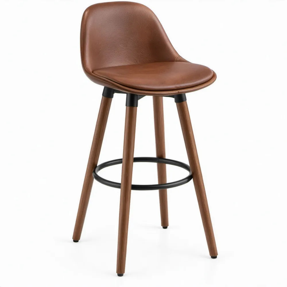 Barkruk met rugleuning, bruin kunstleer en rubberhout, 48 x 52 x 98 cm